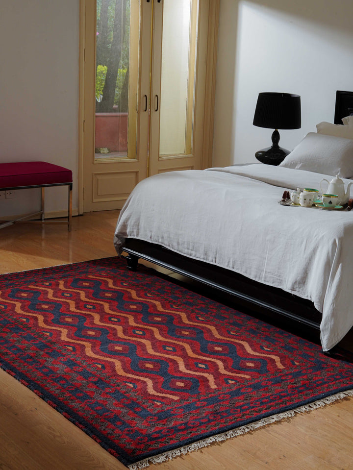 Afghan Hand Knotted Silk Wool Oriental Tribal Wave Rug
