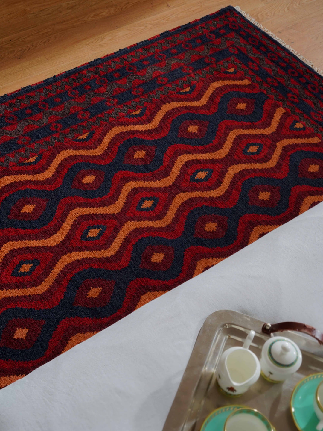 Afghan Hand Knotted Silk Wool Oriental Tribal Wave Rug