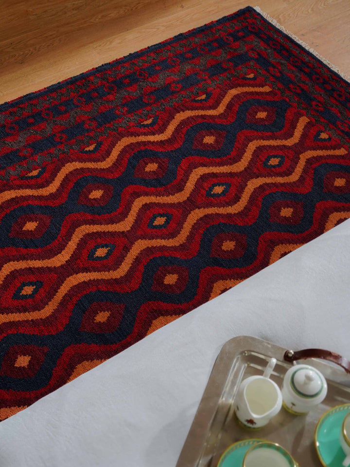 Afghan Hand Knotted Silk Wool Oriental Tribal Wave Rug