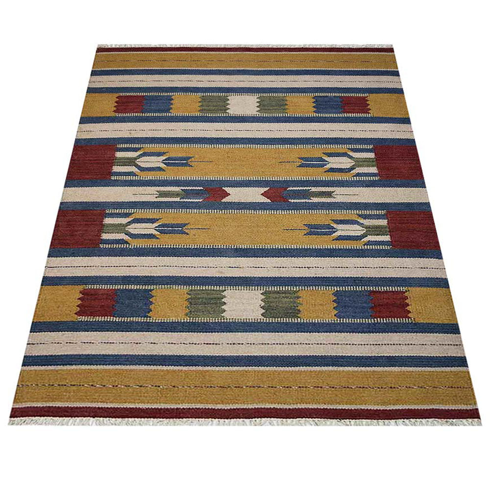 Hand Woven Flat Weave Kilim Wool Area Rug Contemporary Multicolor D00110