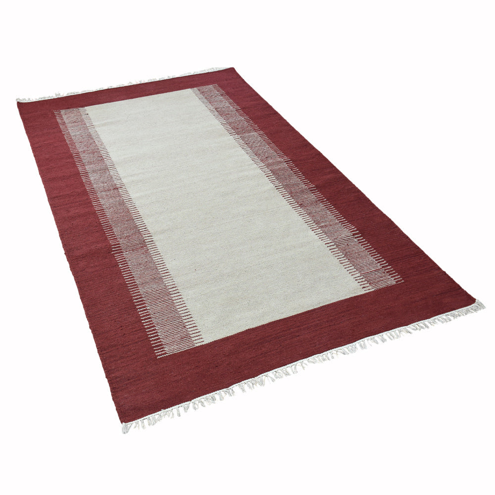 Hand Woven Flat Weave Kilim Wool Area Rug Contemporary Cream Wine D00123