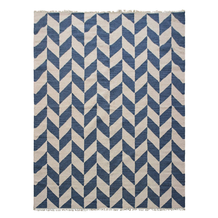 Hand Woven Flat Weave Kilim Wool Area Rug Contemporary Blue White D00133