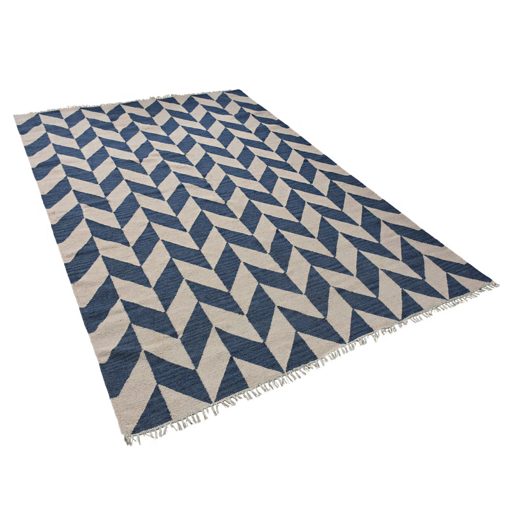 Hand Woven Flat Weave Kilim Wool Area Rug Contemporary Blue White D00133