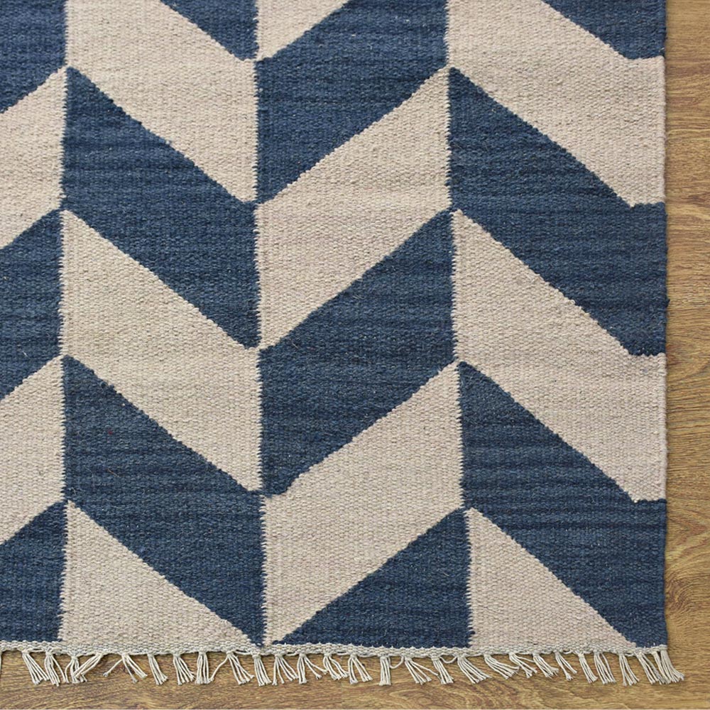 Hand Woven Flat Weave Kilim Wool Area Rug Contemporary Blue White D00133