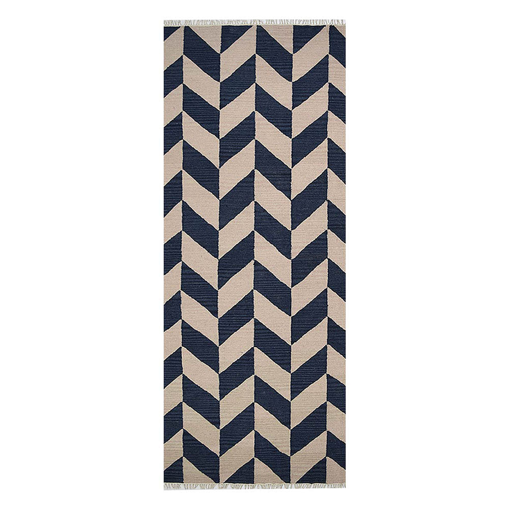 Hand Woven Flat Weave Kilim Wool Area Rug Contemporary Blue White D00133