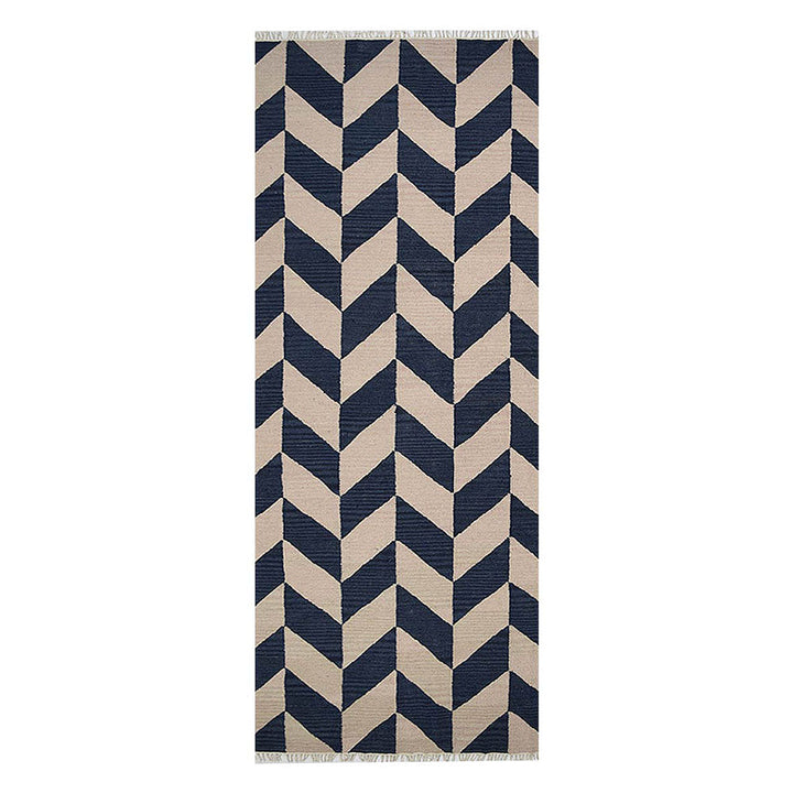 Hand Woven Flat Weave Kilim Wool Area Rug Contemporary Blue White D00133
