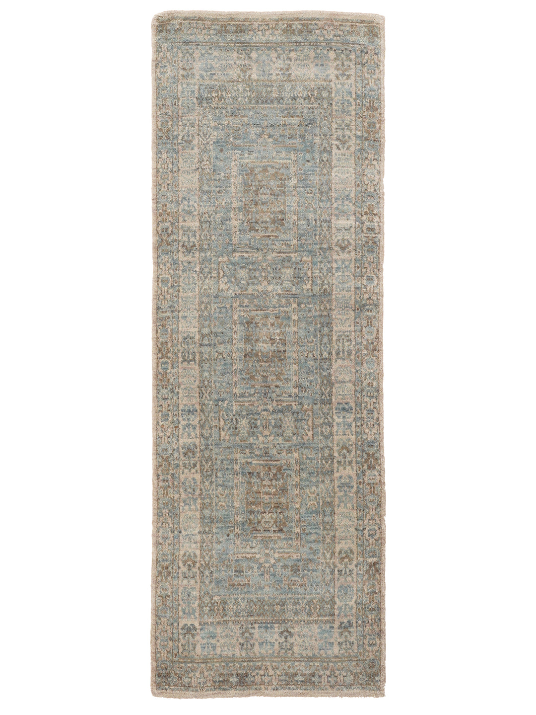 Light Green Beige Vintage Oriental Hand-Knotted Wool Rug