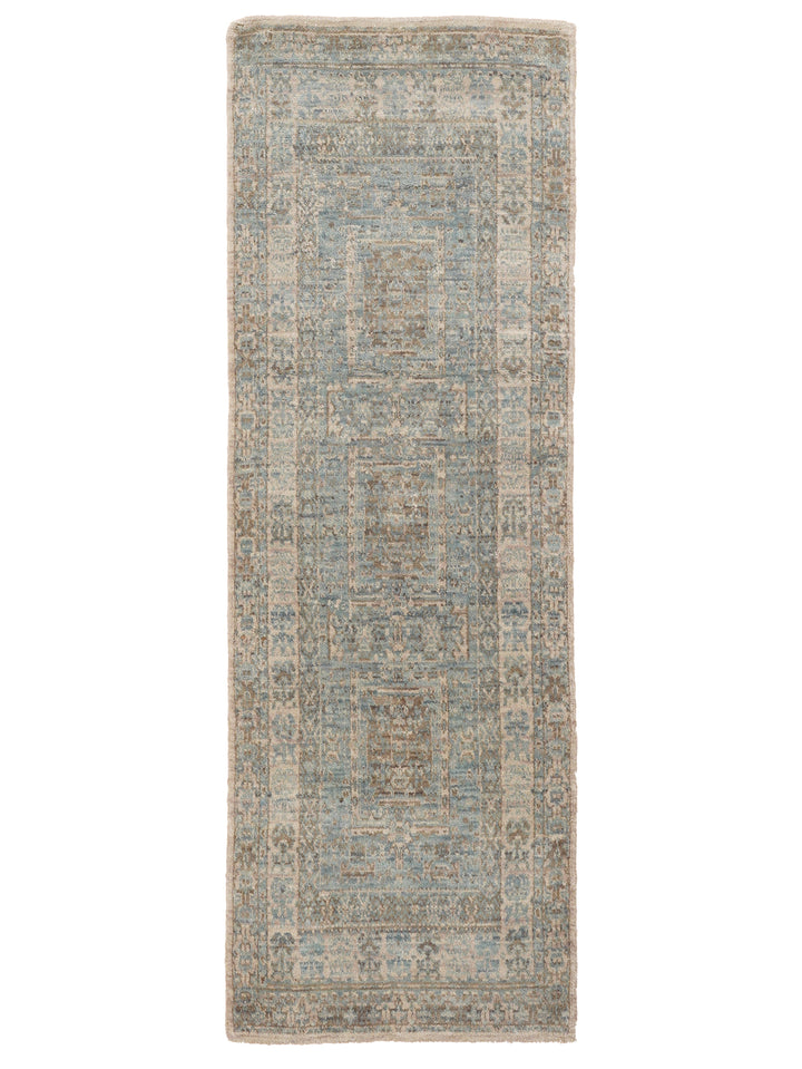 Light Green Beige Vintage Oriental Hand-Knotted Wool Rug