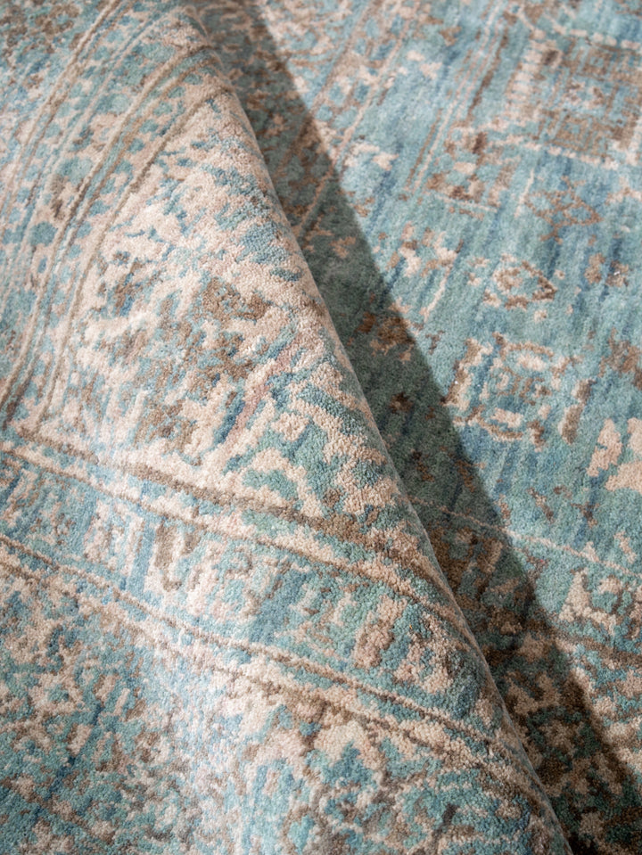 Light Green Beige Vintage Oriental Hand-Knotted Wool Rug