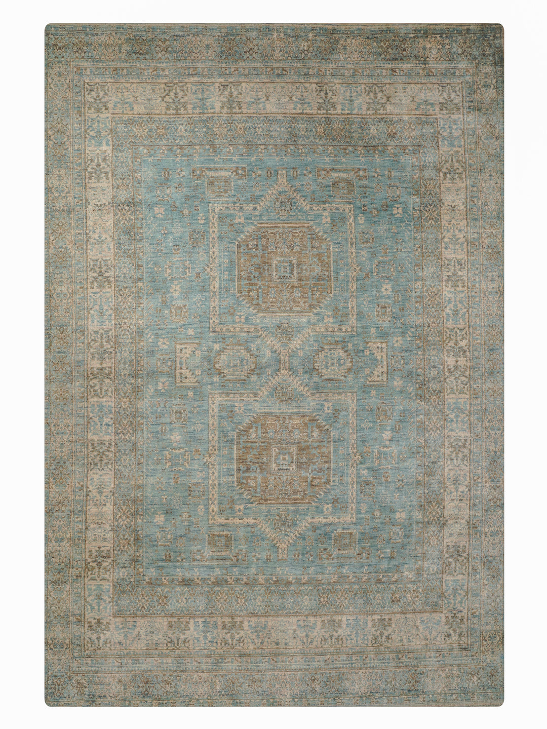 Light Green Beige Vintage Oriental Hand-Knotted Wool Rug
