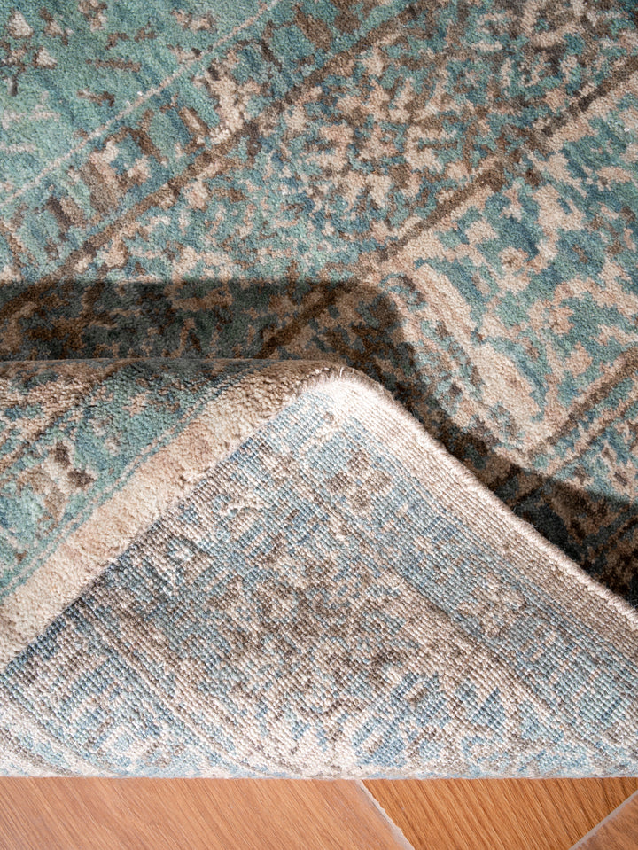 Light Green Beige Vintage Oriental Hand-Knotted Wool Rug