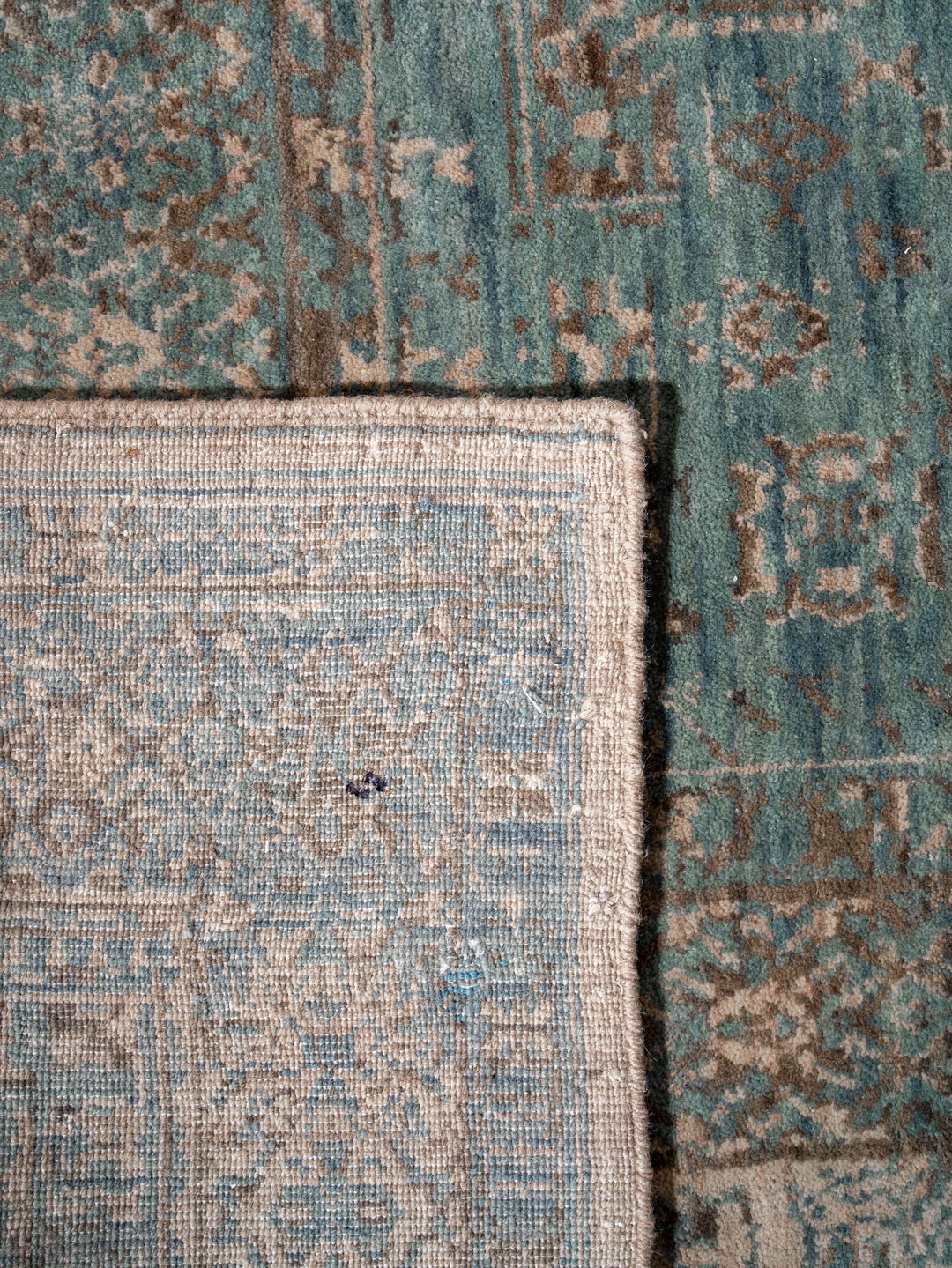 Light Green Beige Vintage Oriental Hand-Knotted Wool Rug