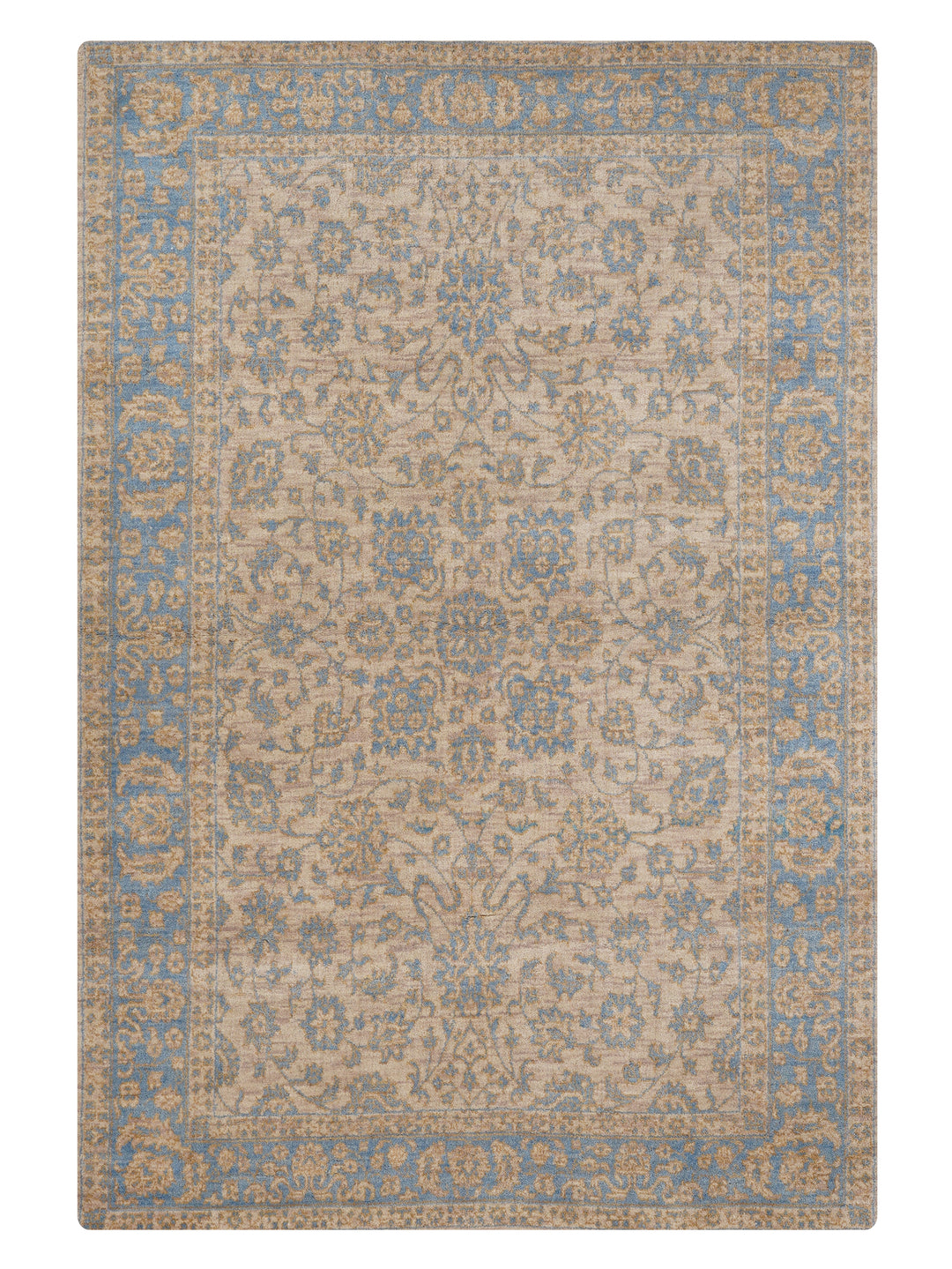 Beige Blue Classic Oriental Hand-Knotted Wool Rug