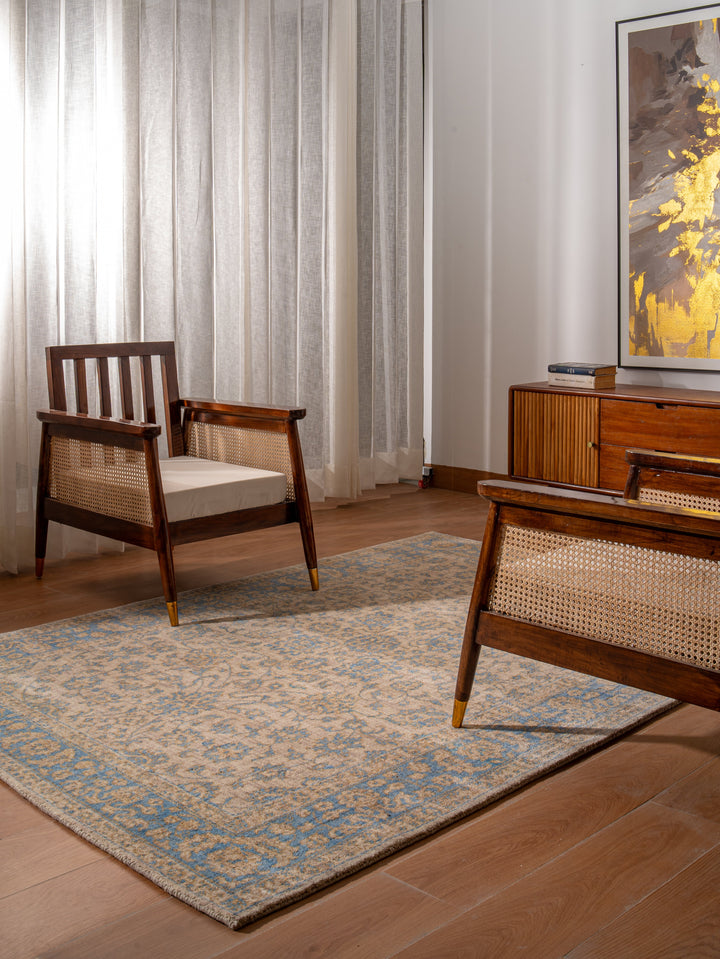 Beige Blue Classic Oriental Hand-Knotted Wool Rug