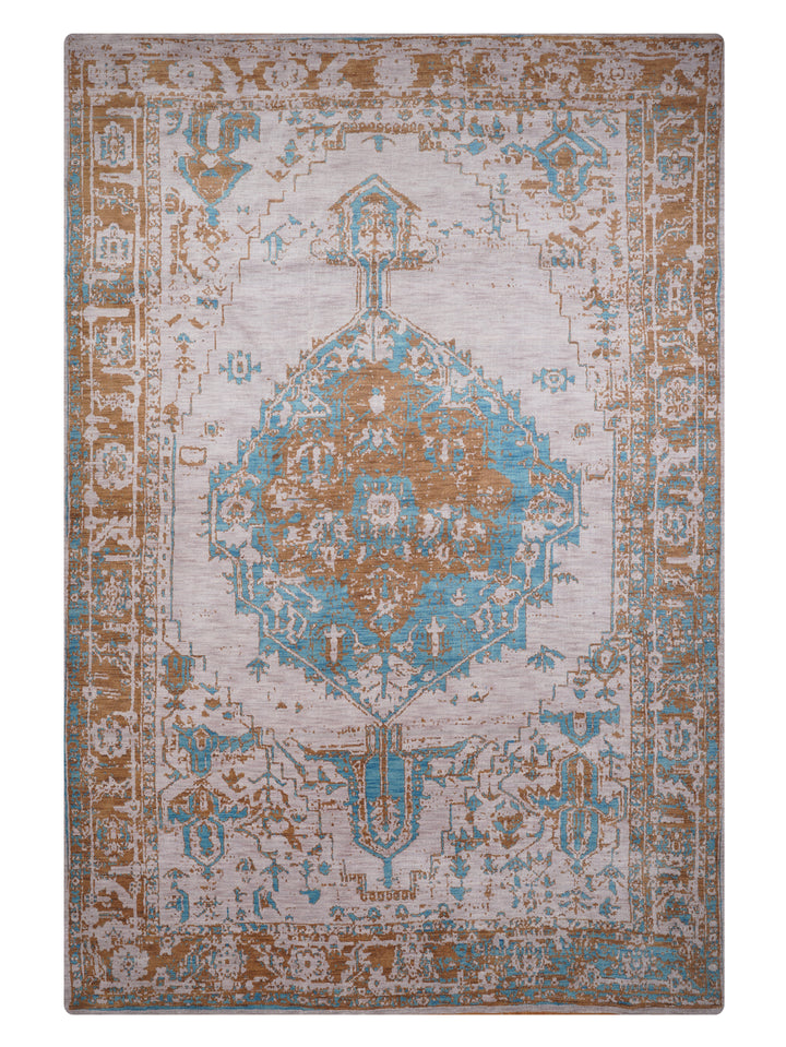 Beige Gold Distressed Oriental Hand-Knotted Wool Rug