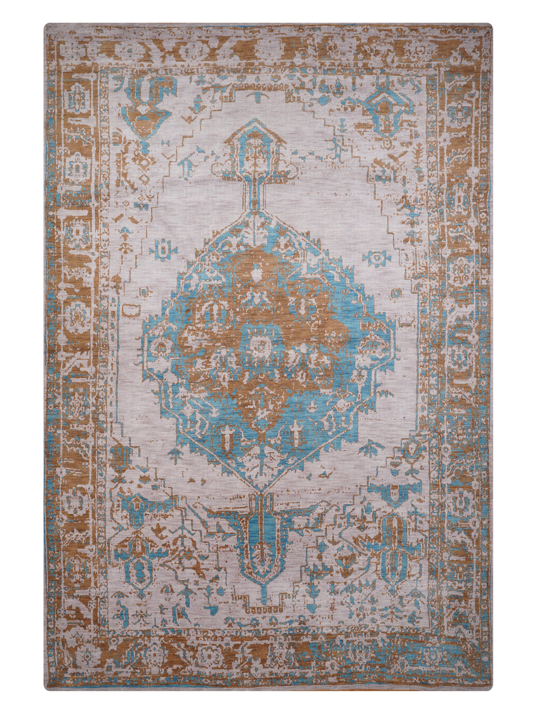 Beige Gold Distressed Oriental Hand-Knotted Wool Rug