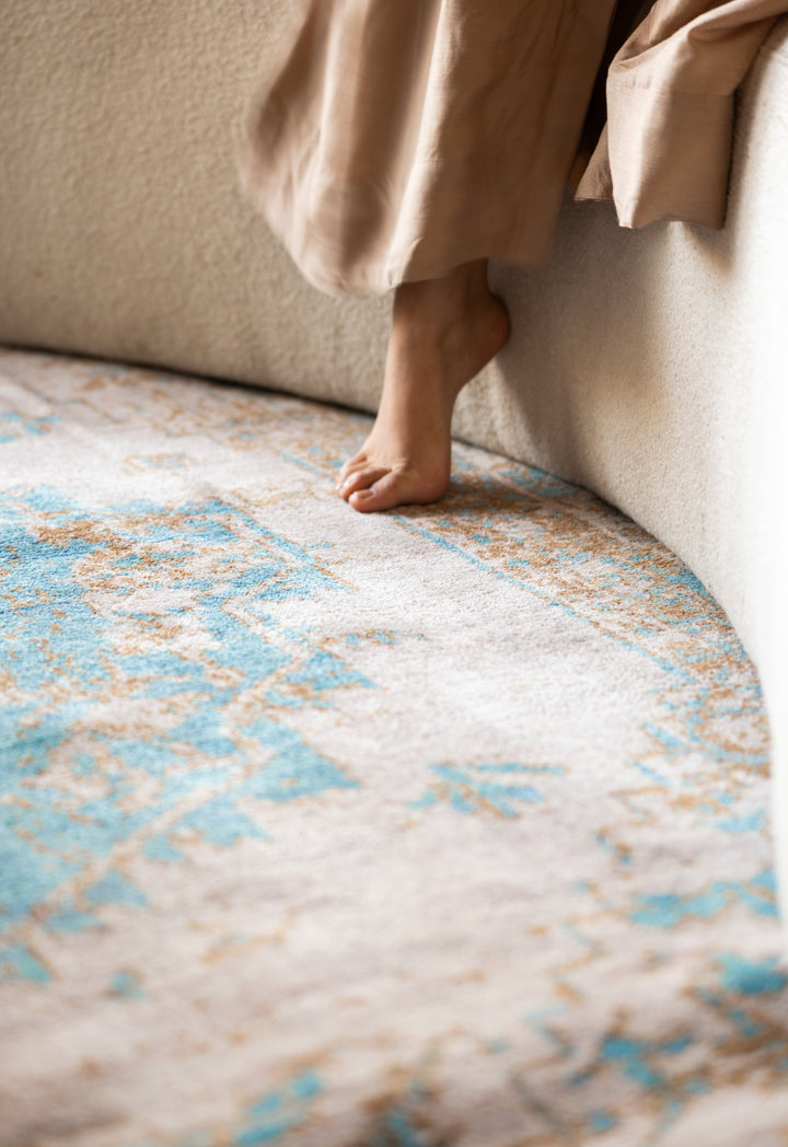 Beige Gold Distressed Oriental Hand-Knotted Wool Rug
