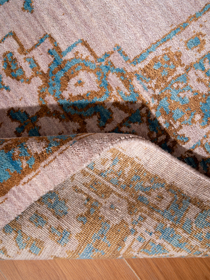 Beige Gold Distressed Oriental Hand-Knotted Wool Rug