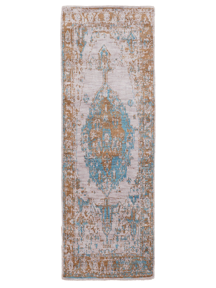 Beige Gold Distressed Oriental Hand-Knotted Wool Rug