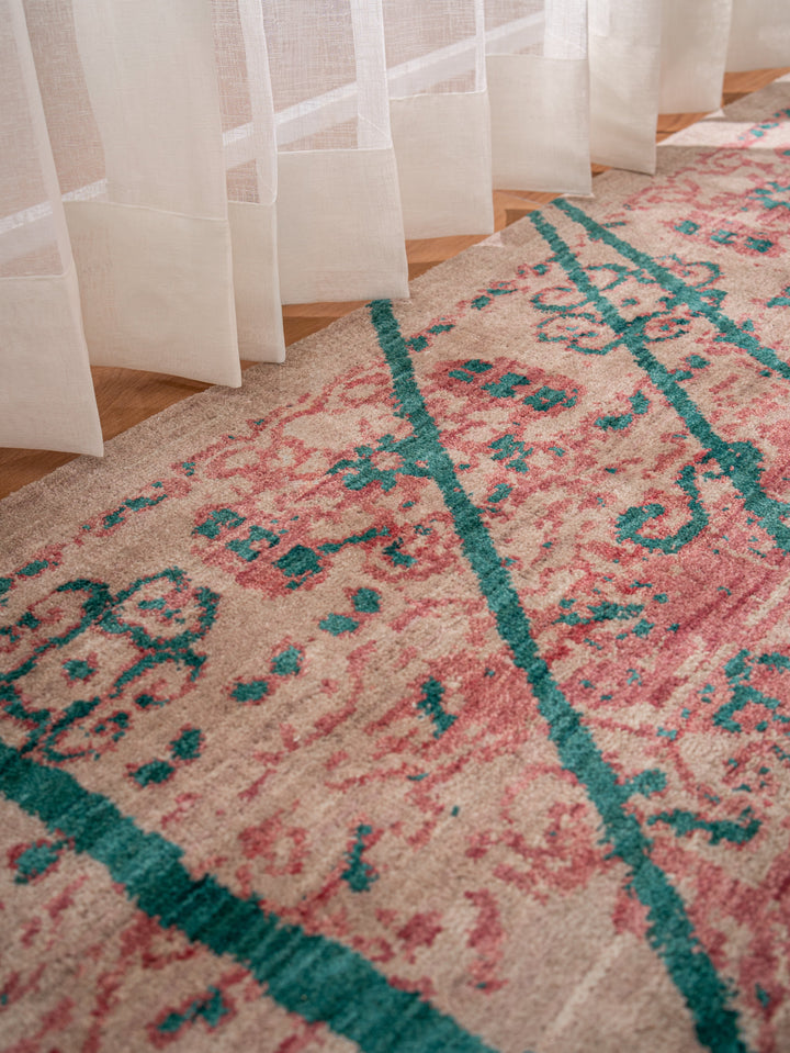 Beige Distressed Oriental Hand-Knotted Wool Rug
