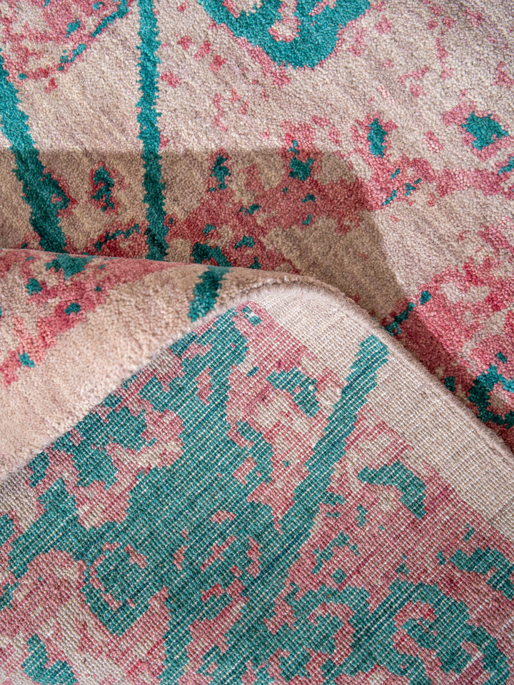 Beige Distressed Oriental Hand-Knotted Wool Rug
