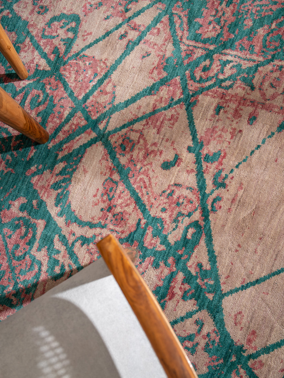Beige Distressed Oriental Hand-Knotted Wool Rug