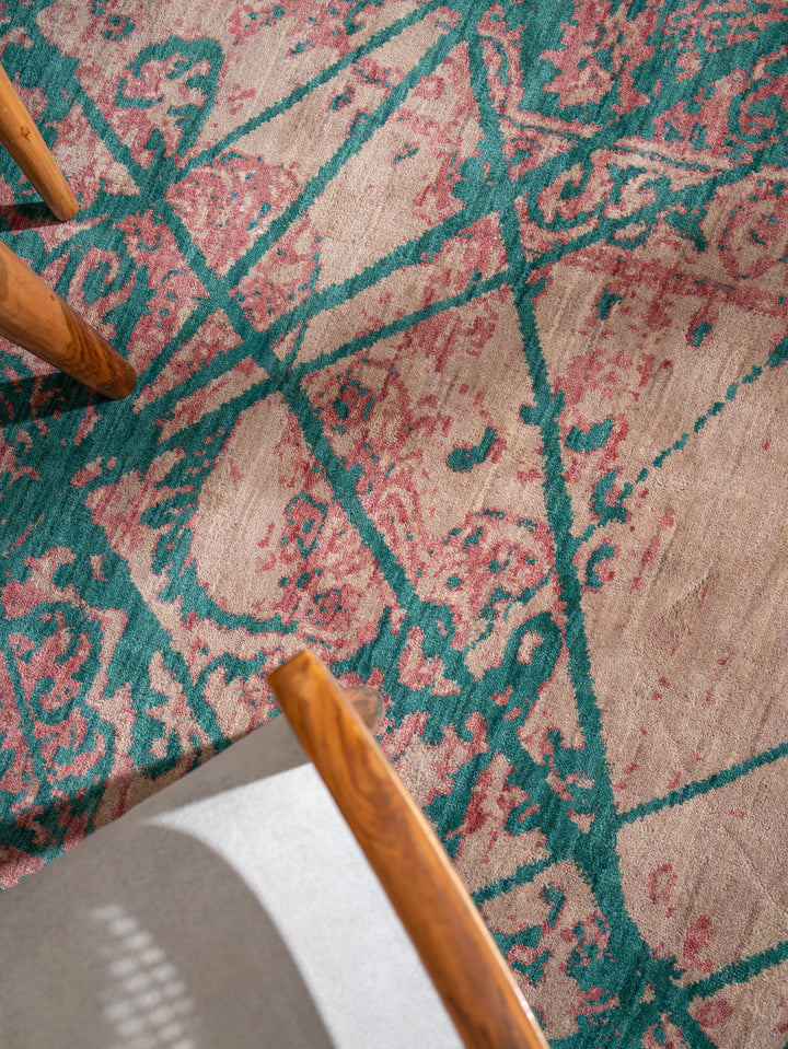 Beige Distressed Oriental Hand-Knotted Wool Rug