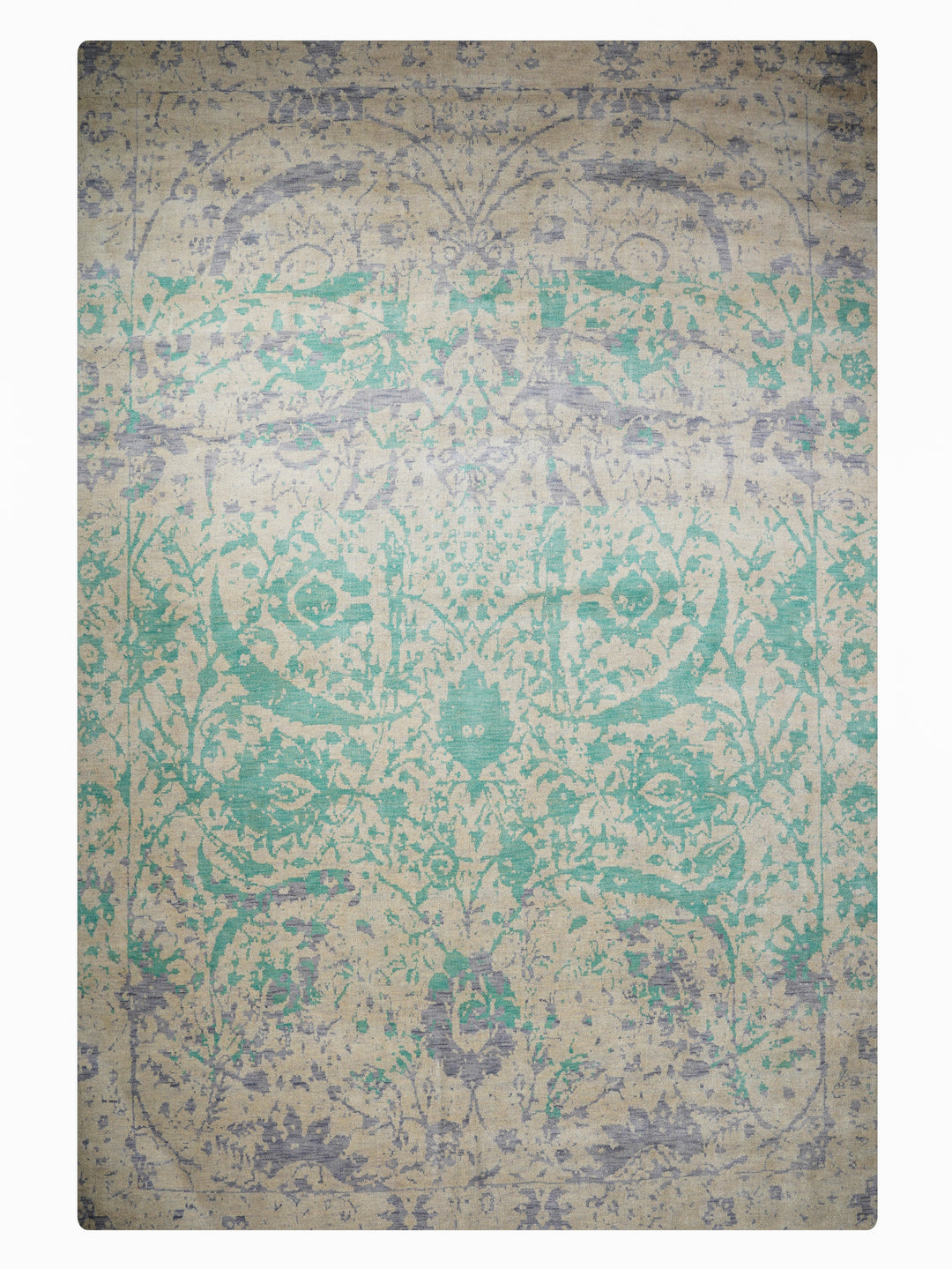 Green Beige Distressed Oriental Hand-Knotted Wool Rug
