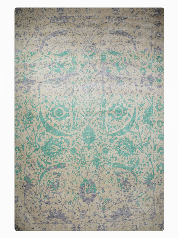 Green Beige Distressed Oriental Hand-Knotted Wool Rug