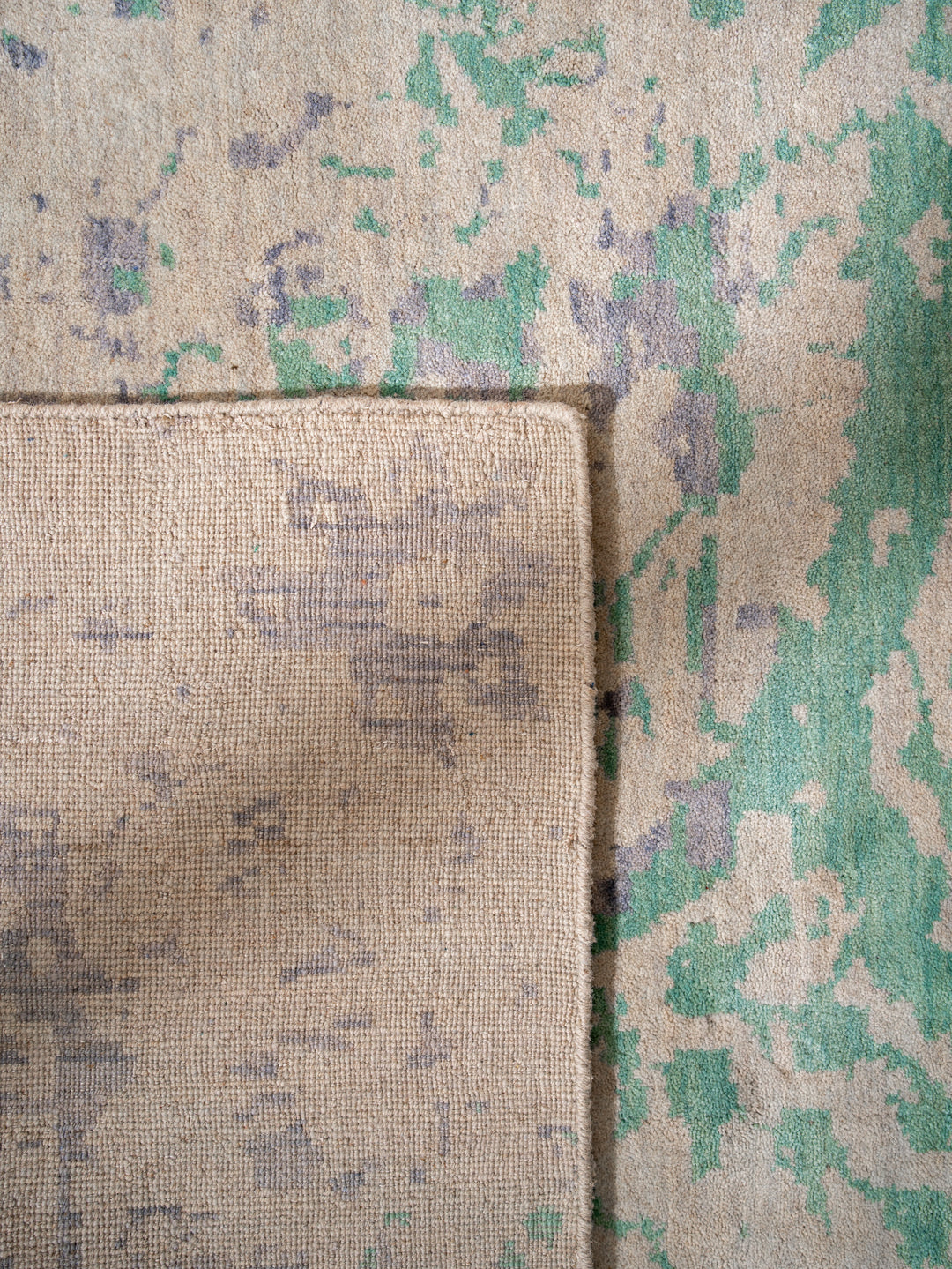 Green Beige Distressed Oriental Hand-Knotted Wool Rug