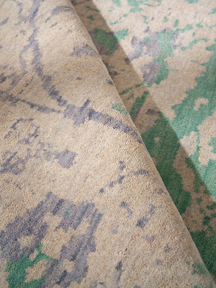 Green Beige Distressed Oriental Hand-Knotted Wool Rug