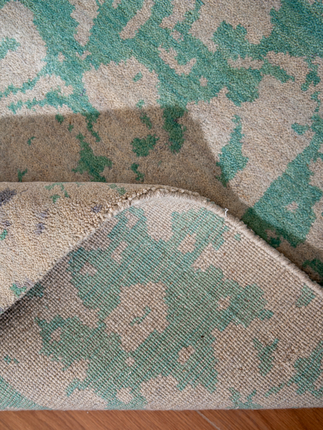 Green Beige Distressed Oriental Hand-Knotted Wool Rug