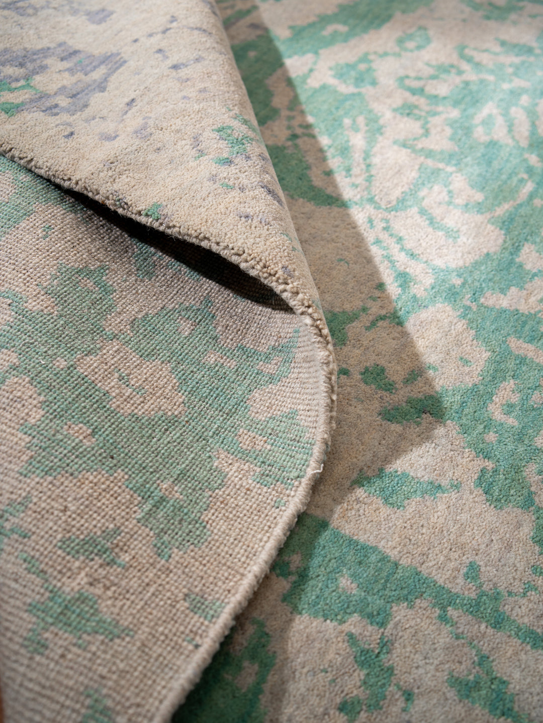 Green Beige Distressed Oriental Hand-Knotted Wool Rug