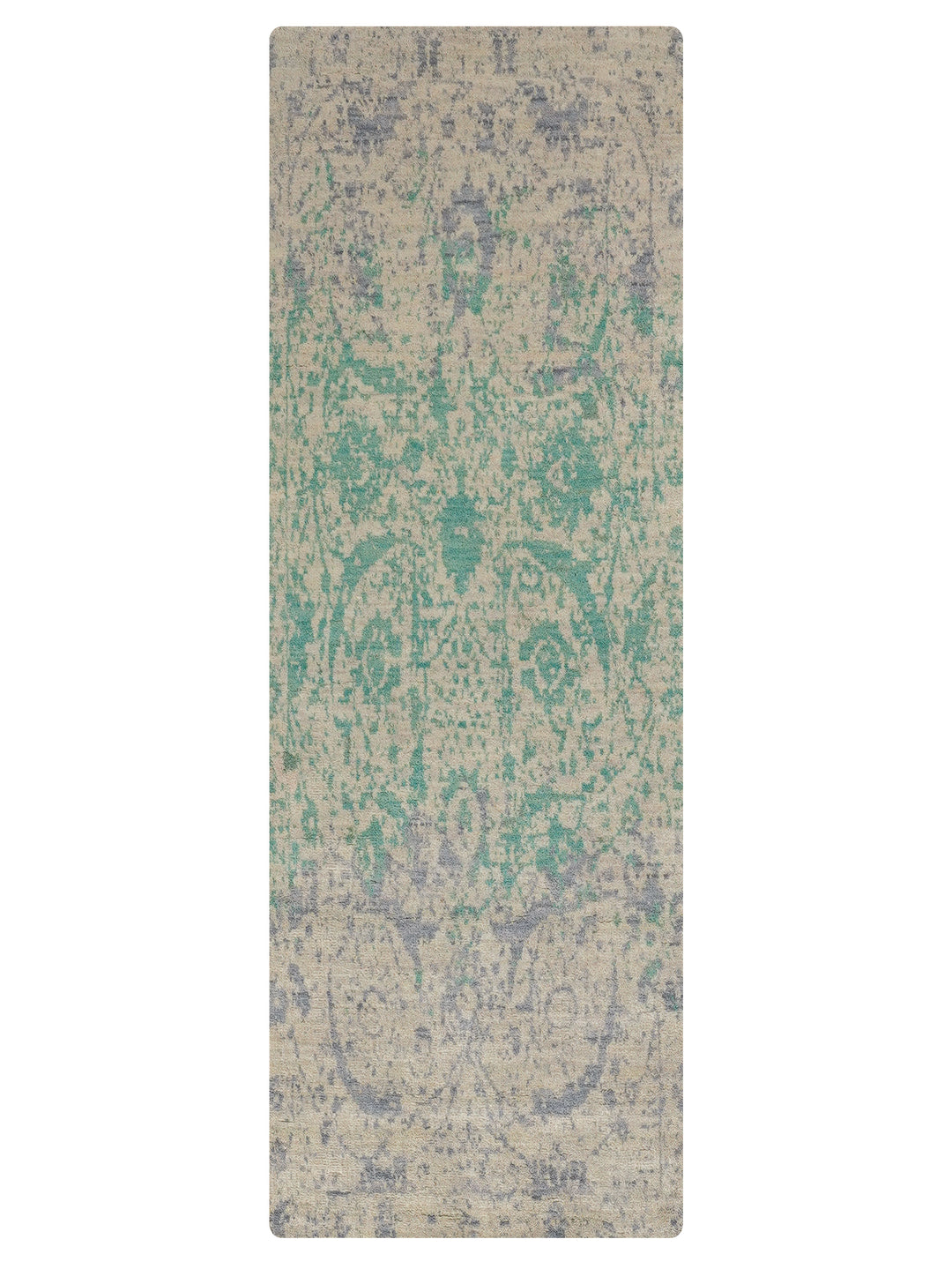 Green Beige Distressed Oriental Hand-Knotted Wool Rug