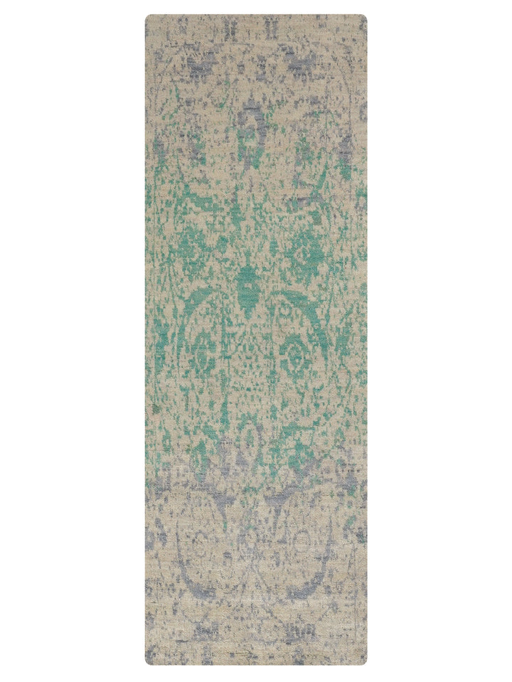 Green Beige Distressed Oriental Hand-Knotted Wool Rug