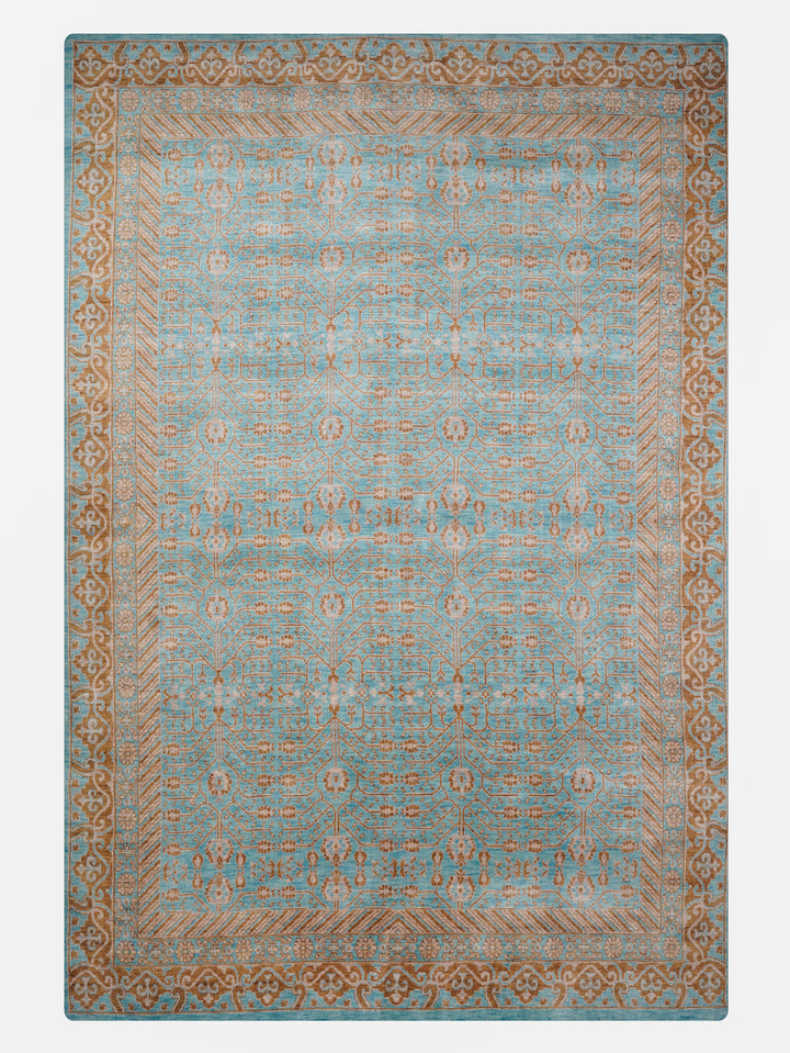 Light Blue Traditional Oriental Hand-Knotted Wool Rug