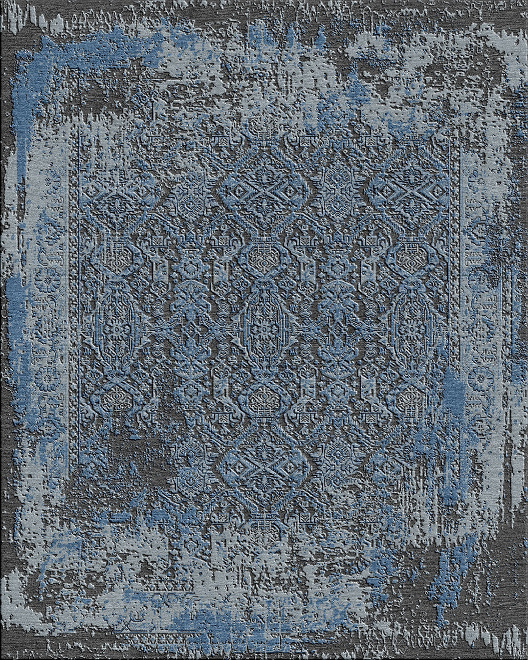 Distressed Blue-Multicolor Oriental Hand-Knotted Wool Rug