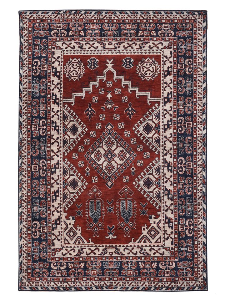 Rust Blue Traditional Oriental Hand-Knotted Wool Rug