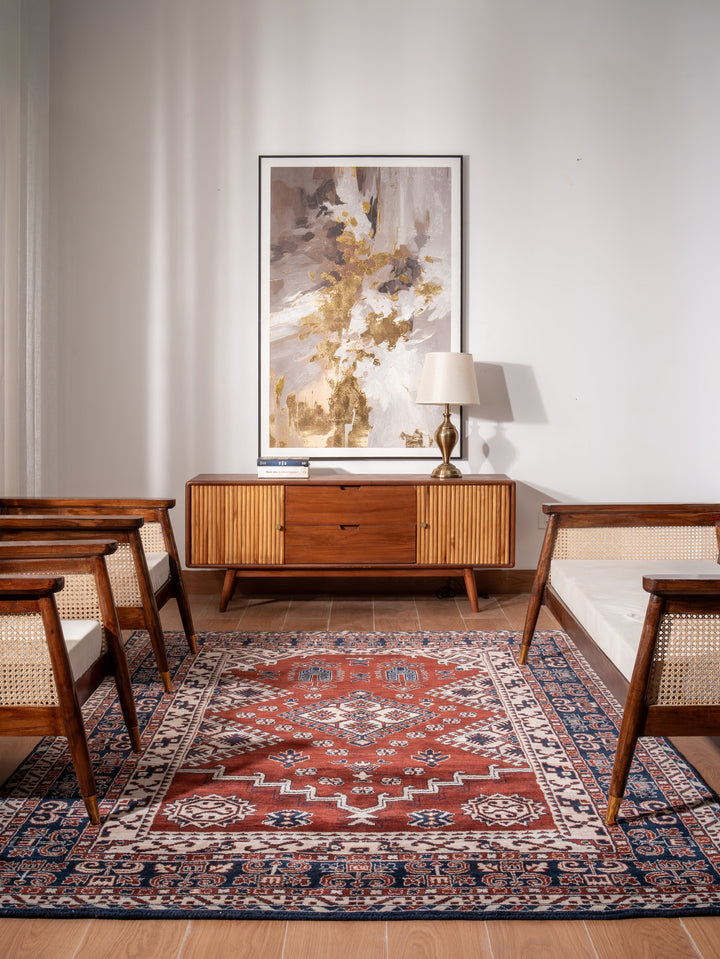 Rust Blue Traditional Oriental Hand-Knotted Wool Rug