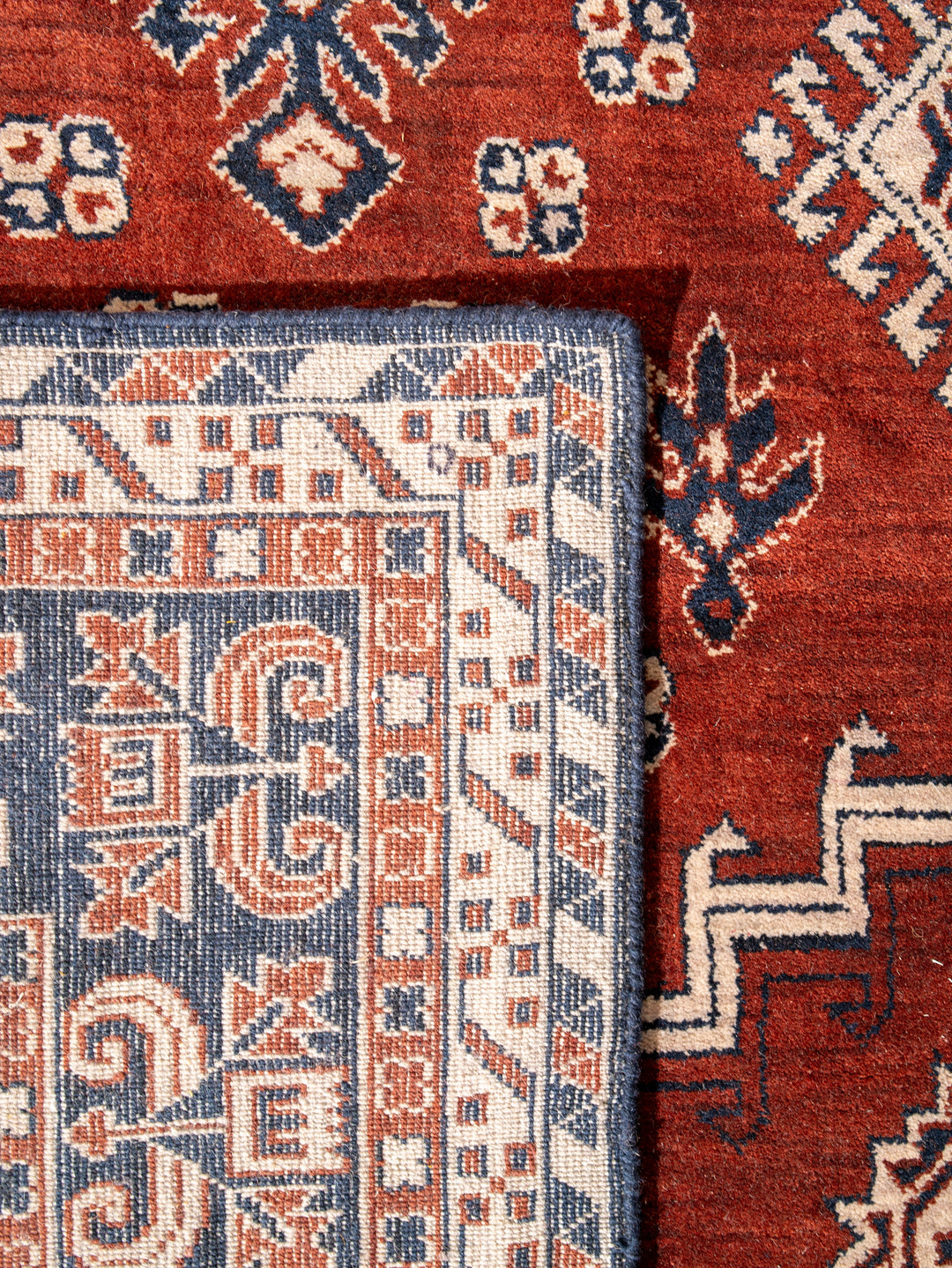 Rust Blue Traditional Oriental Hand-Knotted Wool Rug