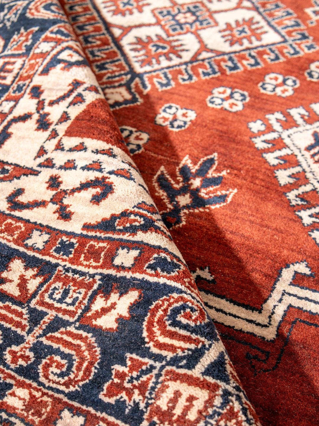 Rust Blue Traditional Oriental Hand-Knotted Wool Rug