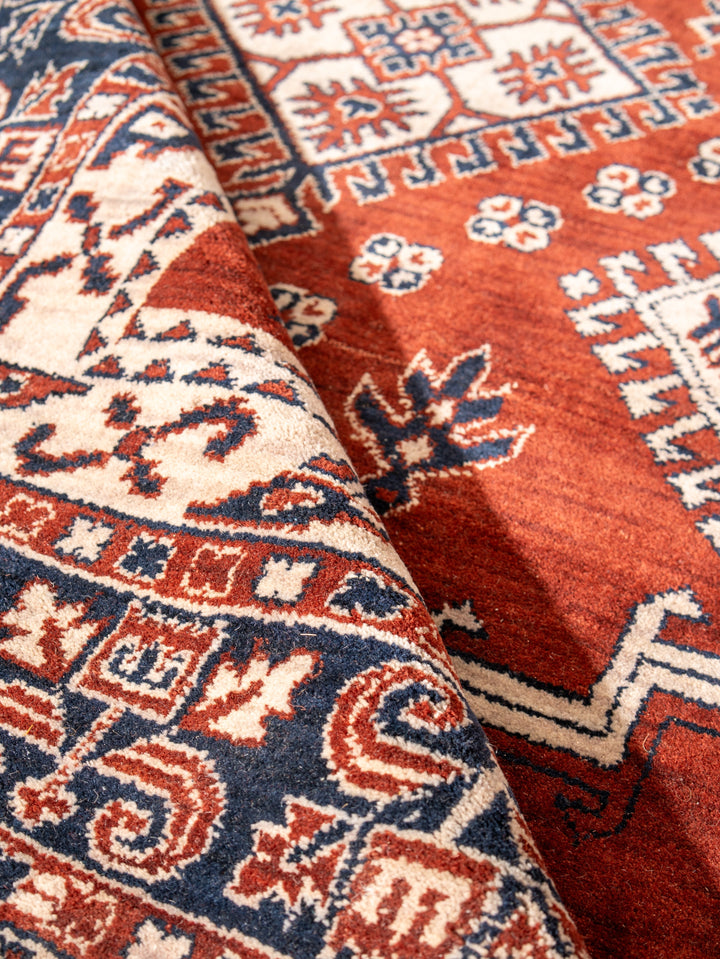 Rust Blue Traditional Oriental Hand-Knotted Wool Rug