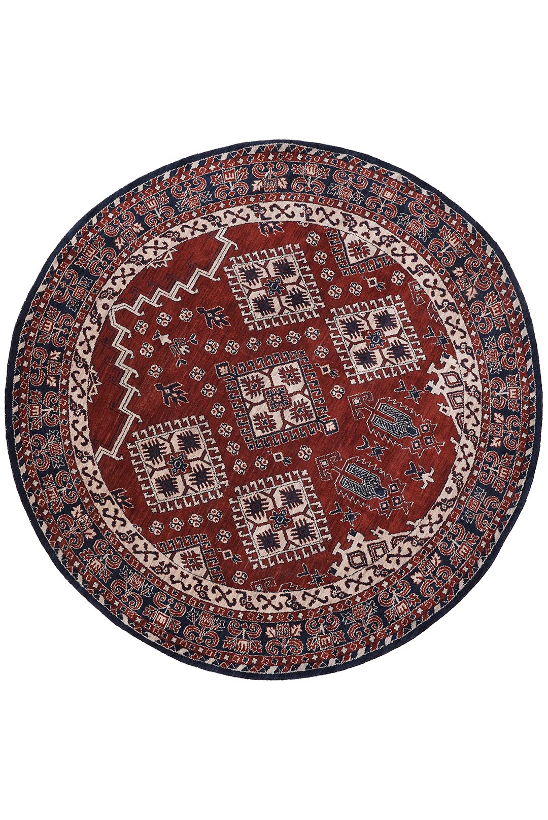 Rust Blue Traditional Oriental Hand-Knotted Wool Rug