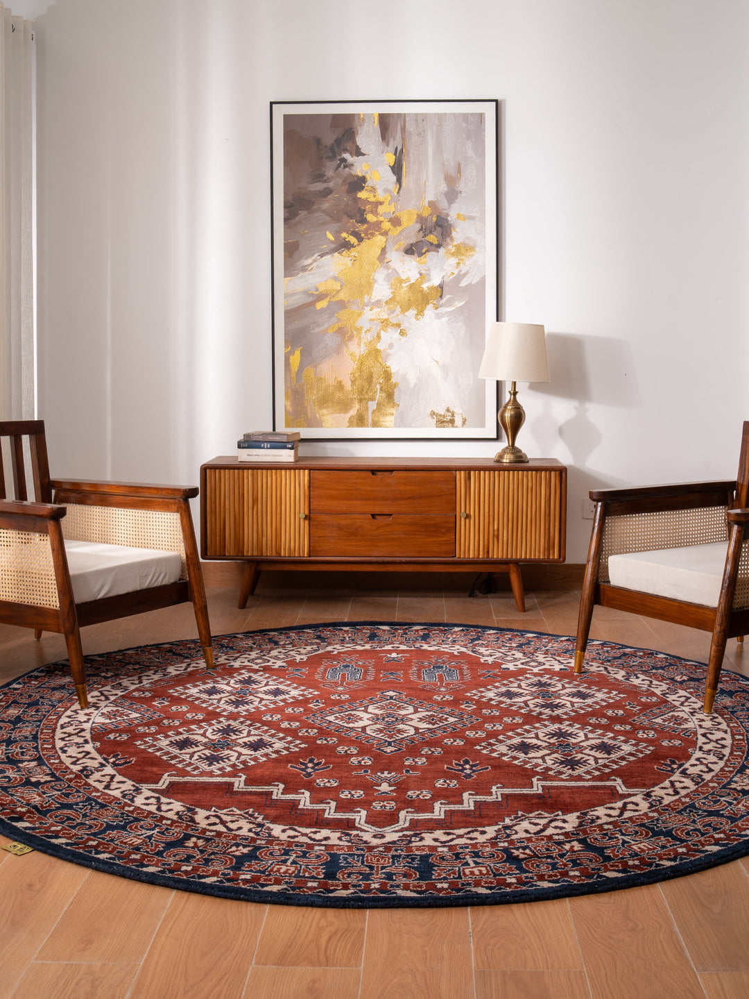 Rust Blue Traditional Oriental Hand-Knotted Wool Rug