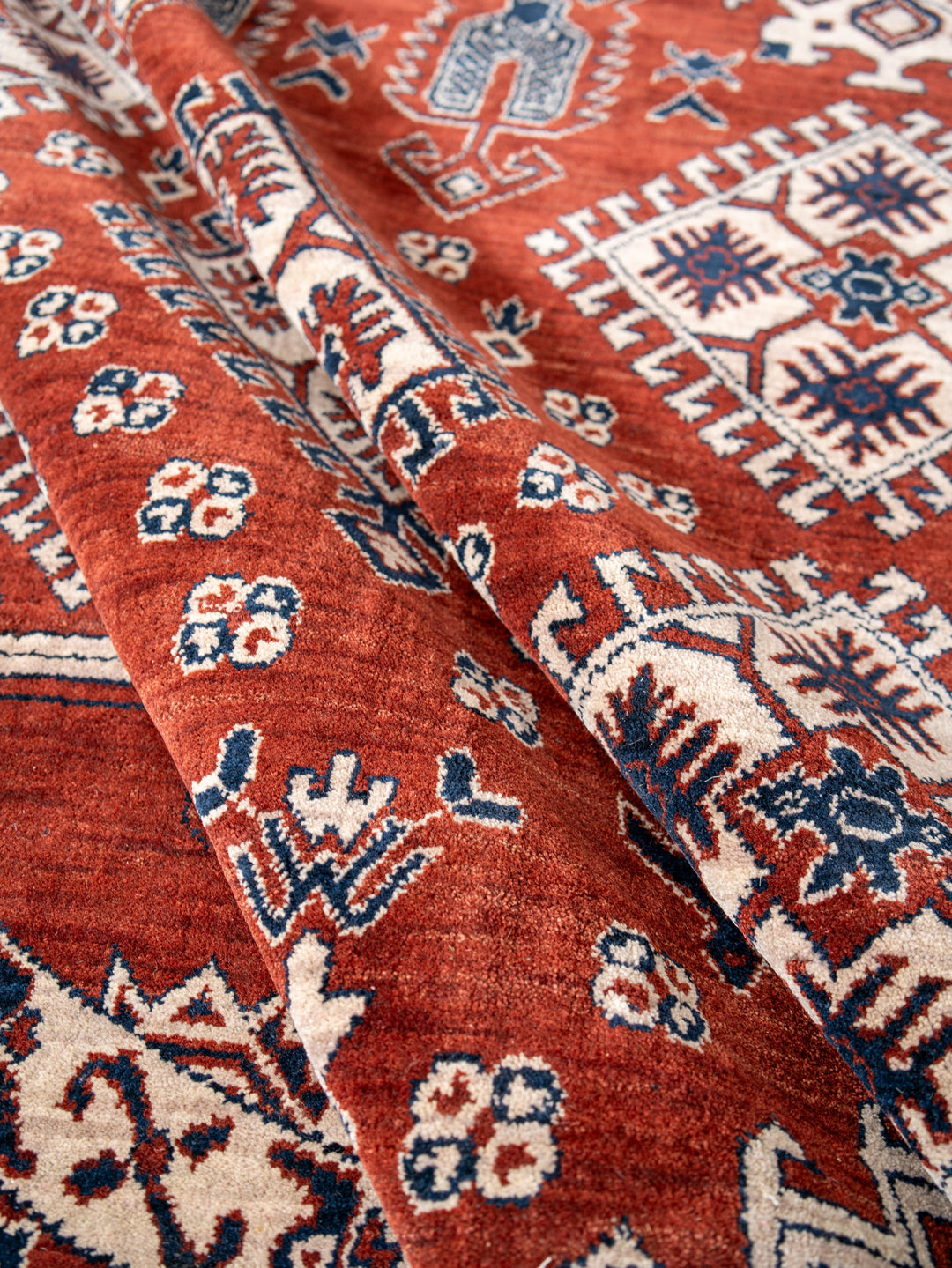 Rust Blue Traditional Oriental Hand-Knotted Wool Rug