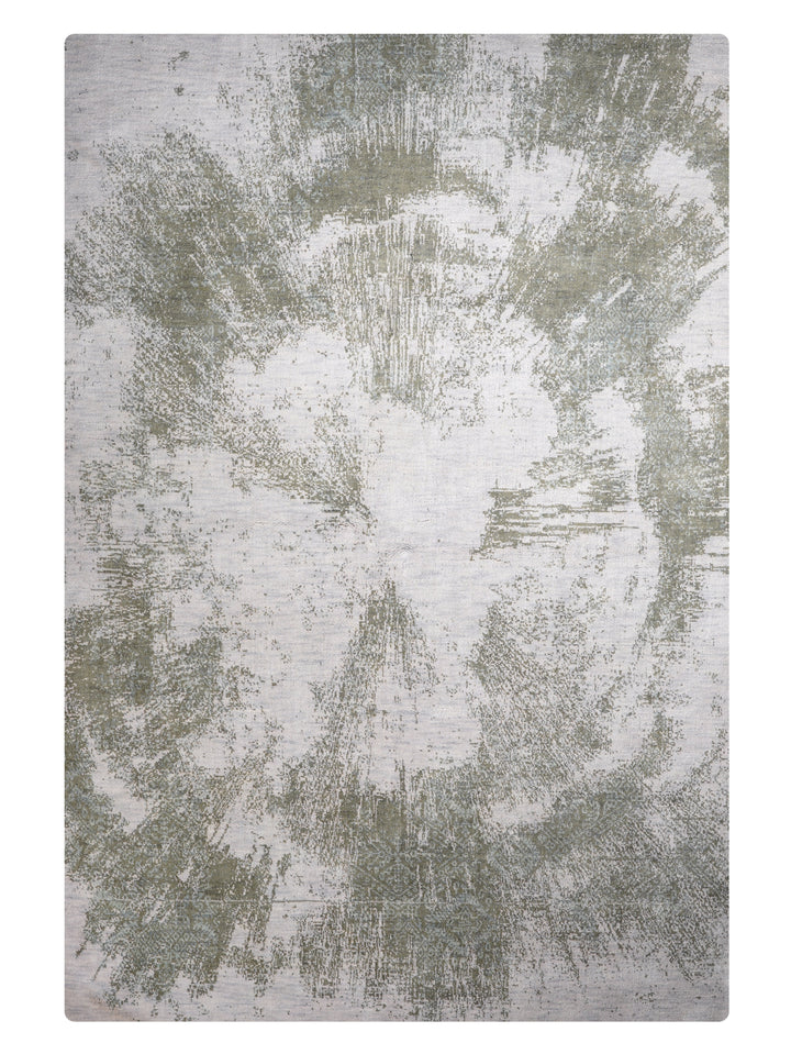 Beige Green Abstract Hand-Knotted Wool Rug