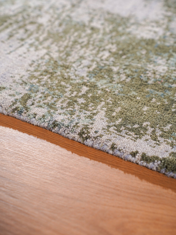 Beige Green Abstract Hand-Knotted Wool Rug