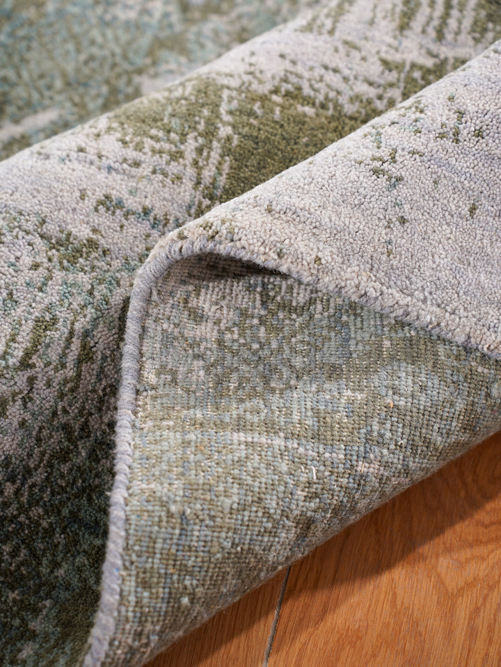 Beige Green Abstract Hand-Knotted Wool Rug
