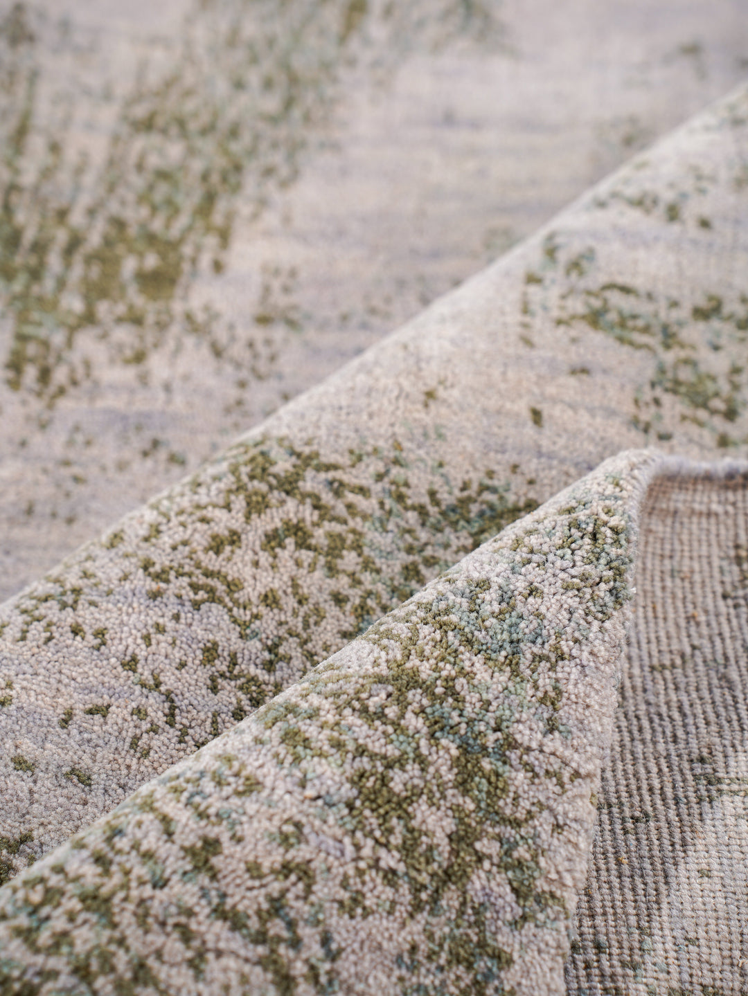 Beige Green Abstract Hand-Knotted Wool Rug