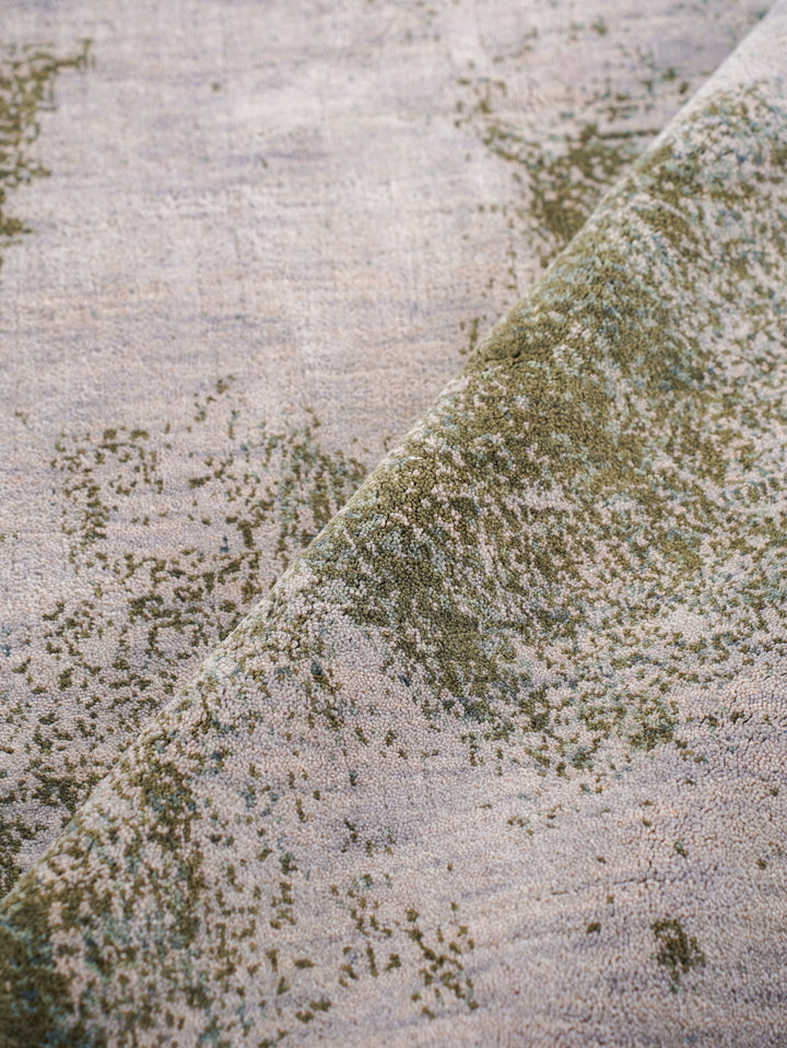 Beige Green Abstract Hand-Knotted Wool Rug